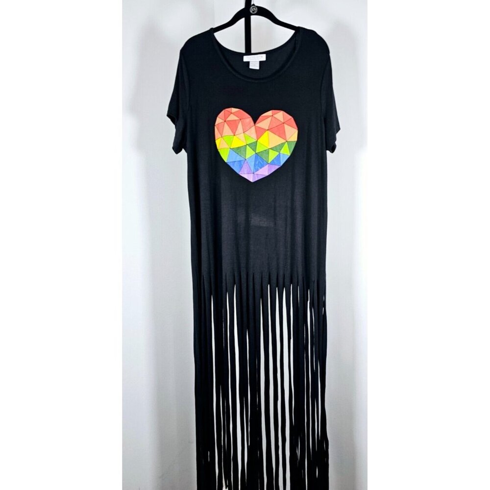 Ashley Stewart Black Multi Heart Shape Fringed Tunic Top-SZ 2X